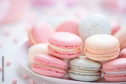 a lots of macarons pastel color on the paste with Background blur and bokeh