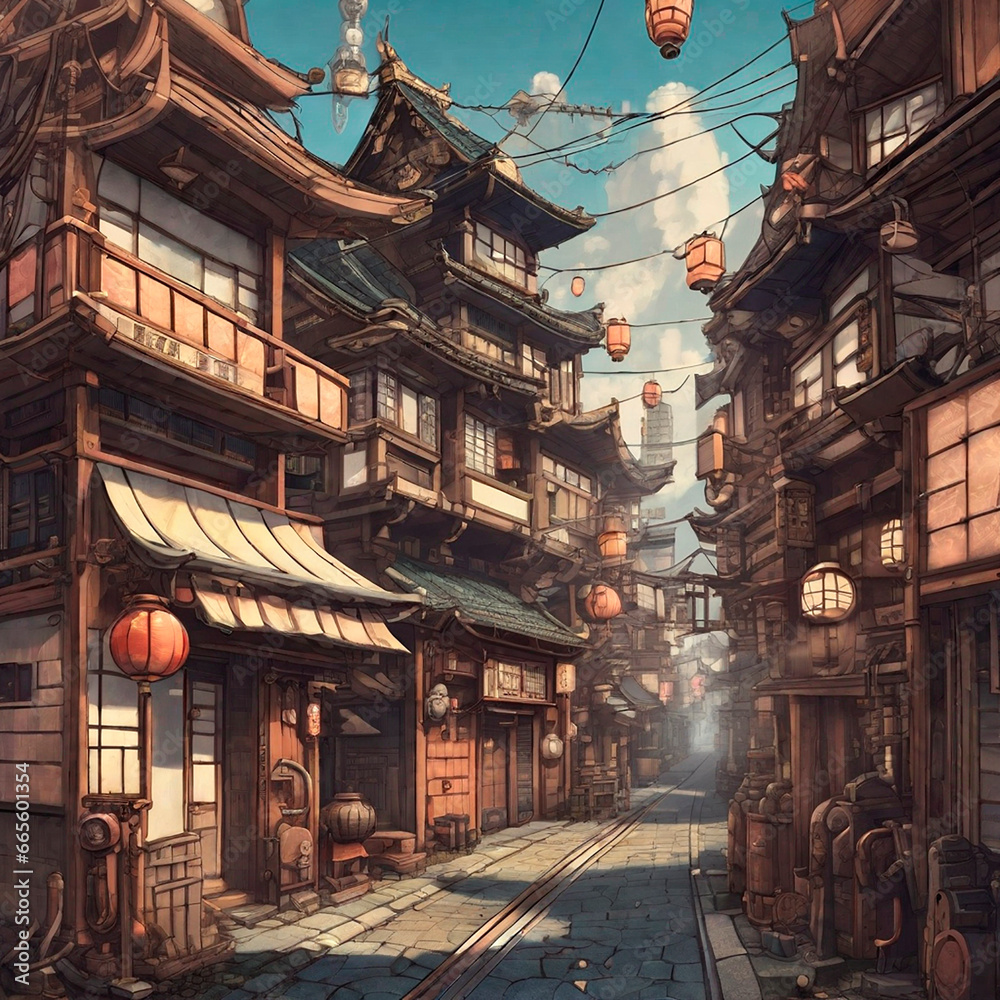 medieval Japanese city decorated with lanterns for Christmas