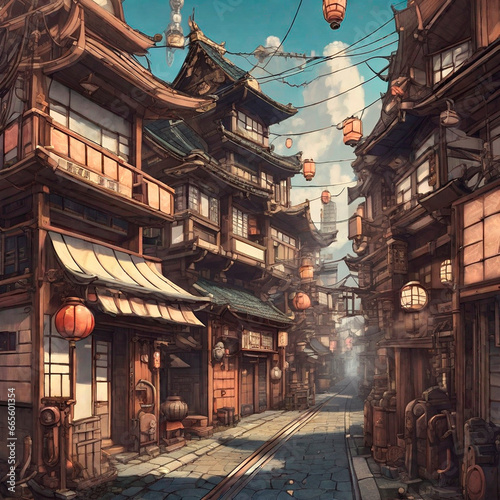 medieval Japanese city decorated with lanterns for Christmas