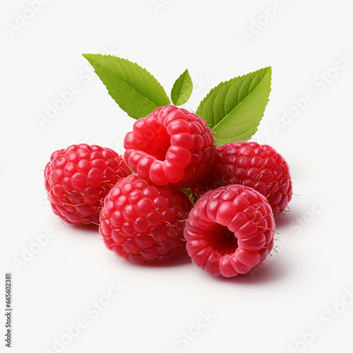 Close-up of red ripe raspberries with green leaves on isolated white background. AI Generation.