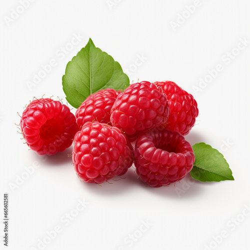 Close-up of red ripe raspberries with green leaves on isolated white background. AI Generation.