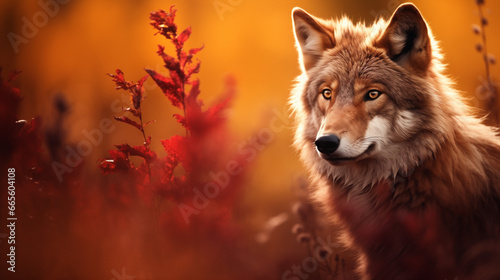 Herbstlicher Wallpaper Wolf in Rot, Orange und Braun - Generated by AI technology	 photo