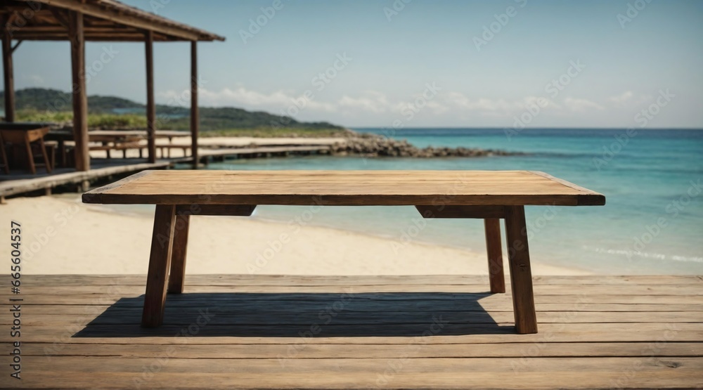 A wooden table on a sunny, tropical beach as product display. Generative AI. A wooden table on a sunny, tropical beach as product display. Generative AI.