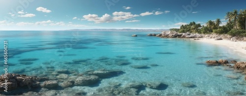 Wide shot of a lagoon with clear cyan blue colored water. Generative AI.