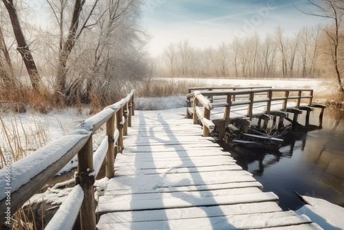 Scenic wooden bridge across river in winter landscape. Generative AI © Isannah