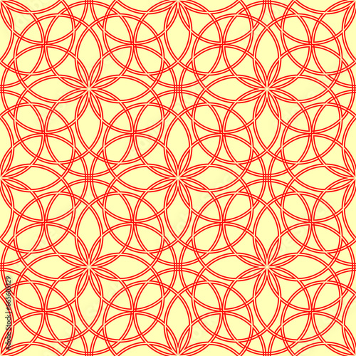Seamless surface pattern with crossing circles. Symmetric abstract background. Circular ornament wallpaper. Openwork motif. For digital paper, page fill, textile print, web design. Vector illustration