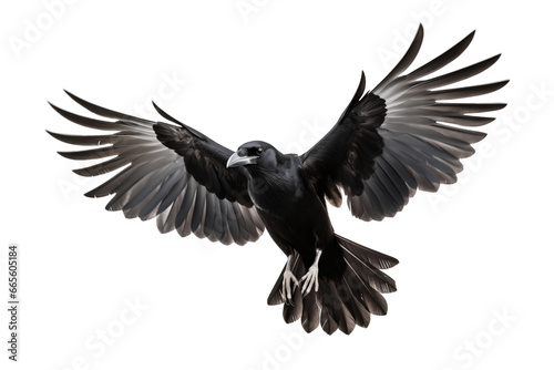 The crow is flying and looking someting isolated on a transparent background.
