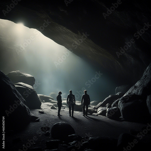 Silhouette image of people doing research in the cave. Stock image.	