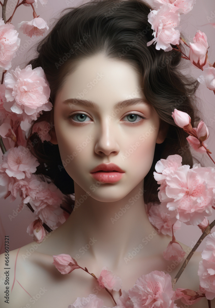 An young woman with an elegant flower headpiece, Korean makeup style on her face, and flawless skin, Generative AI