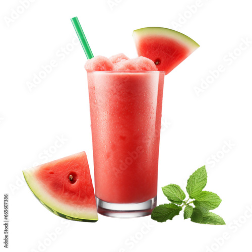 glass of fresh watermelon smoothie with watermelon isolated on white background, ai generated
