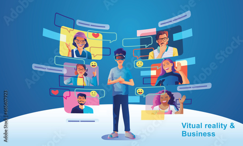 Businessman wearing a VR headset floating in cyberspace. Simulation of the virtual digital world for entertainment and visual experience in the metaverse. Flat vector illustration