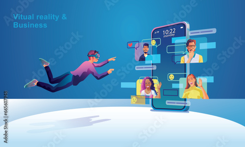 Businessman wearing a VR headset floating in cyberspace. Simulation of the virtual digital world for entertainment and visual experience in the metaverse. Flat vector illustration
