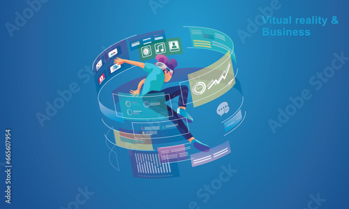 Businessman wearing a VR headset floating in cyberspace. Simulation of the virtual digital world for entertainment and visual experience in the metaverse. Flat vector illustration