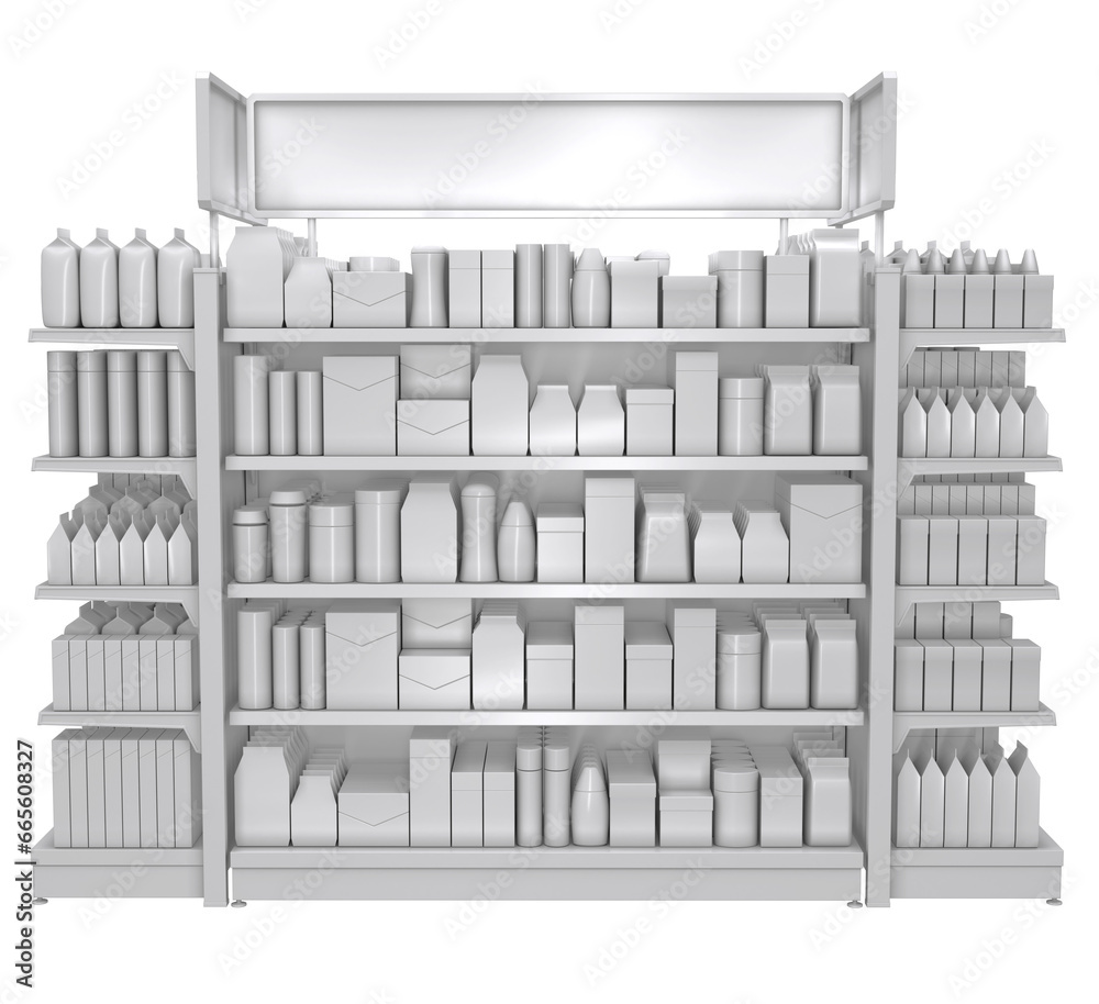 Shelf rack, display case in a supermarket with display of goods. Monochrome. 3d illustration Shelf rack, display case in a supermarket with display of goods. Monochrome. 3d illustration