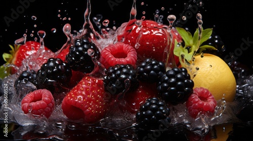 The splash of mix berries with water, high speed photography, on plain black background, AI Generative.