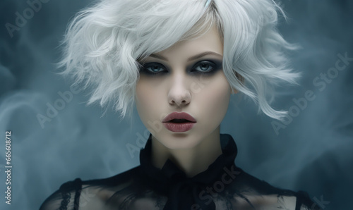 Close-up of a fashion model with white hair and vibrant makeup, generative AI