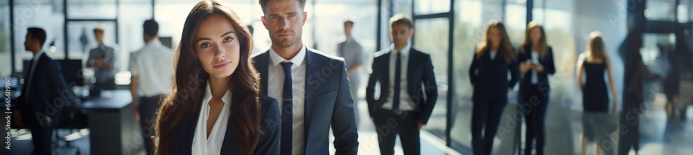 Confident business partners looking at camera and standing in an office. Productive team in the background. CopySpace Confident business partners looking at camera and standing in an office. Productive team in the background. CopySpace