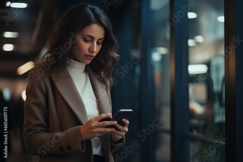 Woman using phone in office. Cute female businesswoman in trend suit. Generate Ai