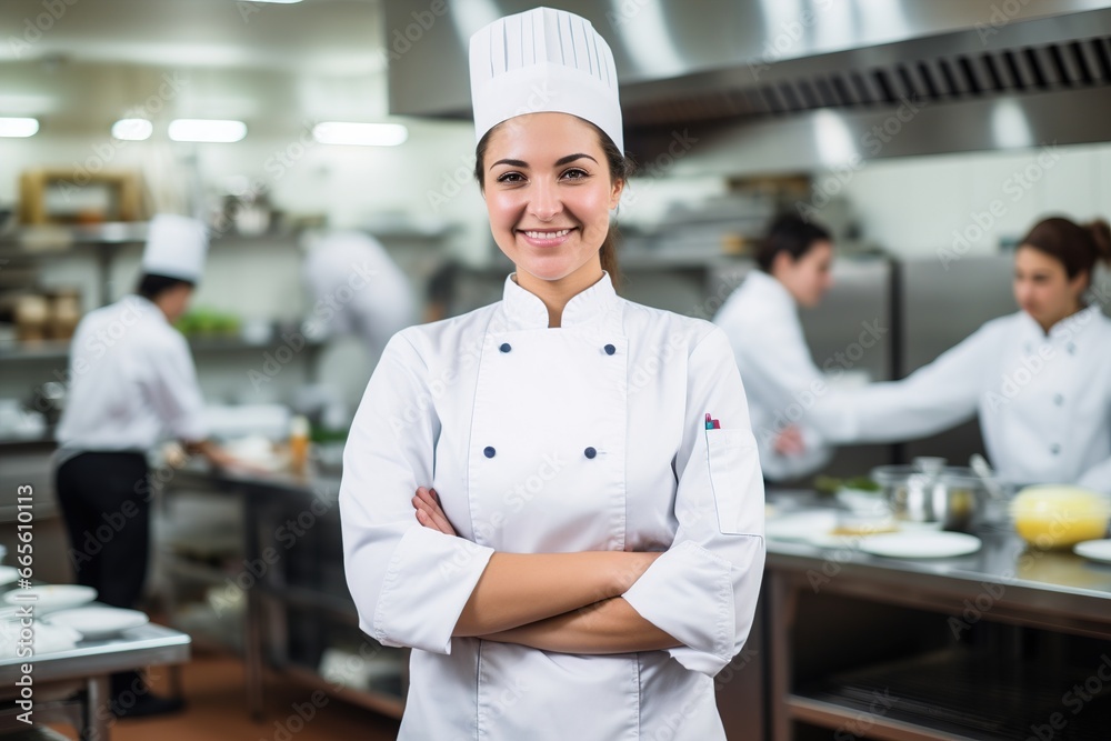 Attractive female chef in uniform, standing in a bright white commercial kitchen