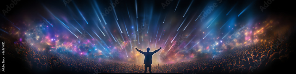 An artist on stage facing thousands of flashes, concert, rock, music