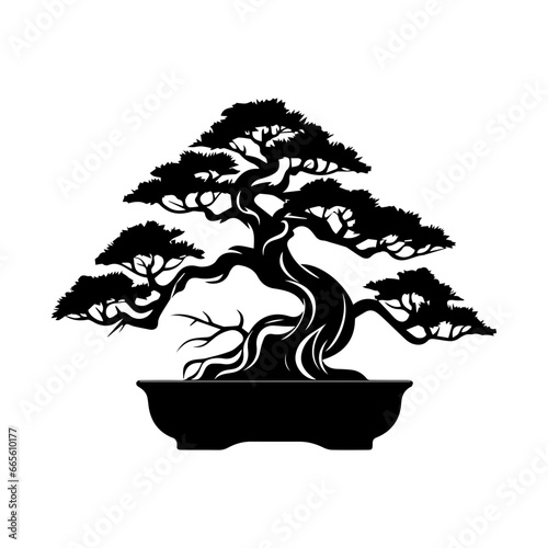 Silhouette miniature asian Bonsai tree , ai generated