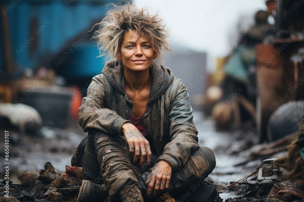 homeless woman sitting on the street and smiles Stock Photo | Adobe Stock