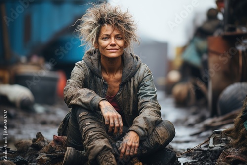 homeless woman sitting on the street and smiles