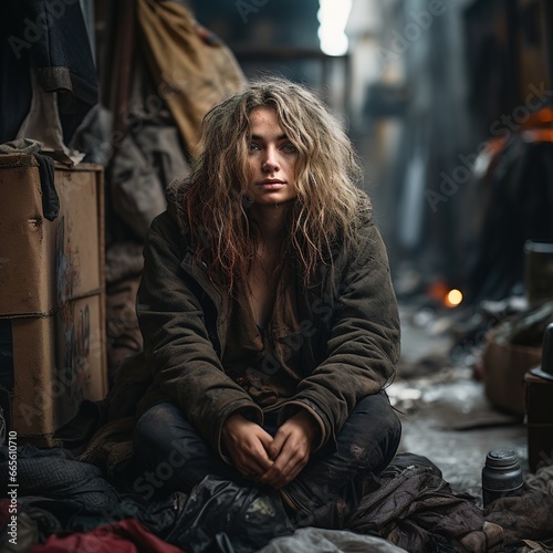 homeless woman sitting on the street and smiles