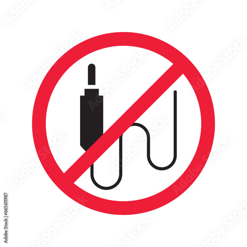 Forbidden Prohibited Warning, caution, attention, restriction label danger. No audio cabel vector icon. Do not use DJ cabel sign design. No AUX symbol flat pictogram. 