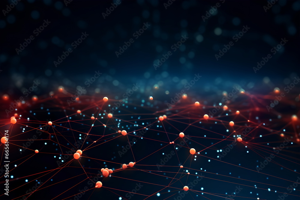 Technology abstract network with a cyber network grid and connected particles. Big data visualization. Digital dots and lines
