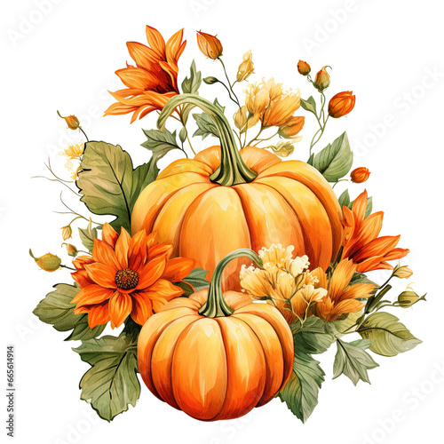Watercolor Pumpkin, Flower, and Autumn Leaves Composition Clip Art Illustration, Colorful Design Isolated on White or Transparent Background, PNG