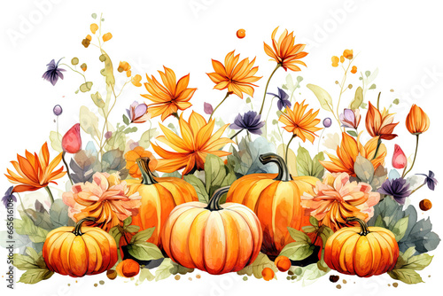 Watercolor Pumpkin and Flower Garden Clip Art. Vibrant Flowers Illustration Isolated on White or Transparent Background, PNG