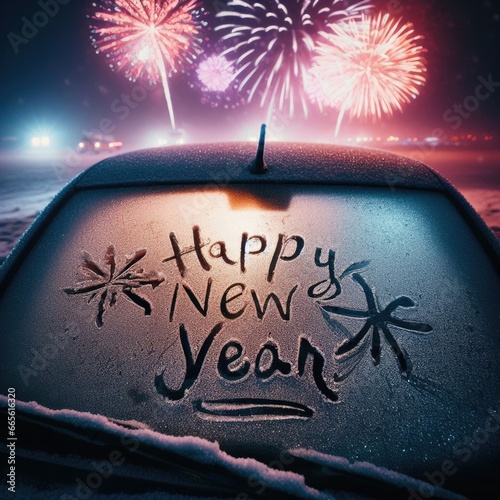 happy new year written with a finger on an icy car window. New years fireworks in the background 