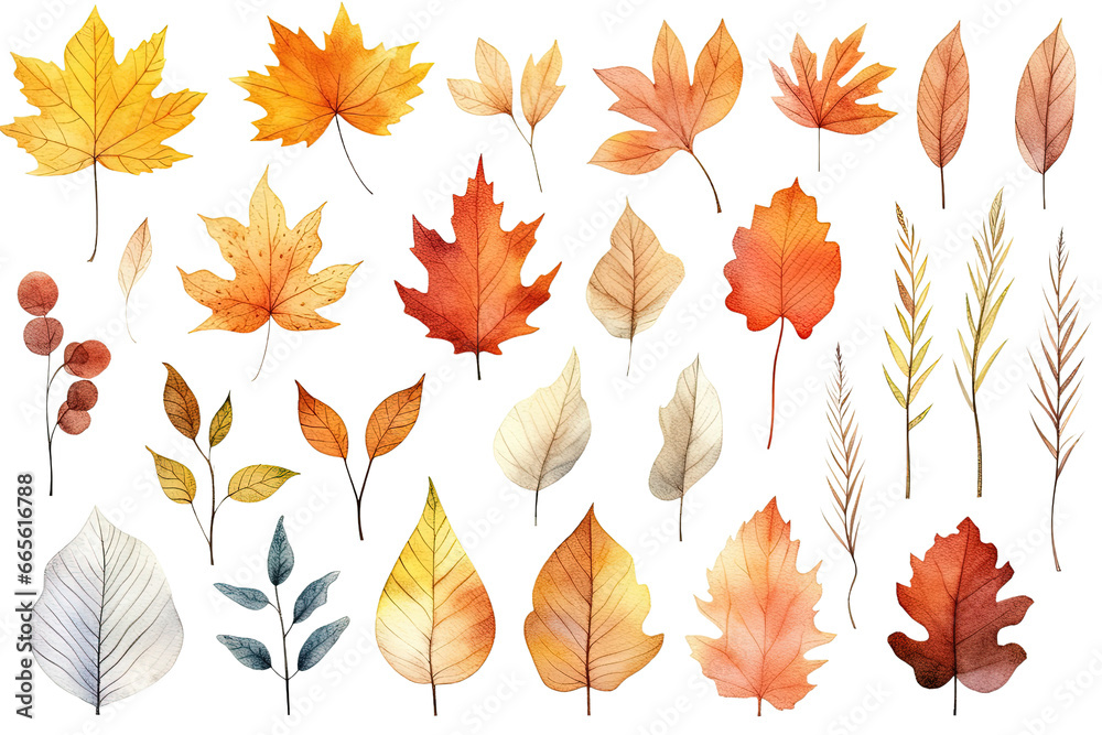 Obraz premium Collection of colorful autumn leaves, acorns, berries, and spruce branches. Clip art illustration isolated on a white or transparent background, PNG.