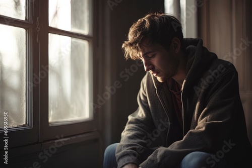 Depressed sad looking young man near a window. Dramatic concept for mental illness, depression, grief.