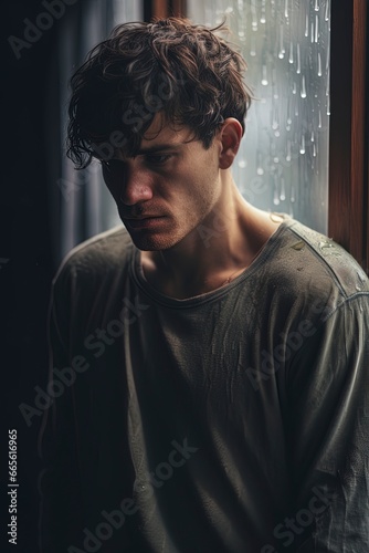 Depressed sad looking young man near a window. Dramatic concept for mental illness, depression, grief.