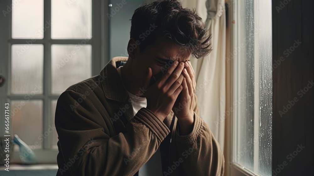 Depressed sad looking young man near a window. Dramatic concept for mental illness, depression, grief. Depressed sad looking young man near a window. Dramatic concept for mental illness, depression, grief.