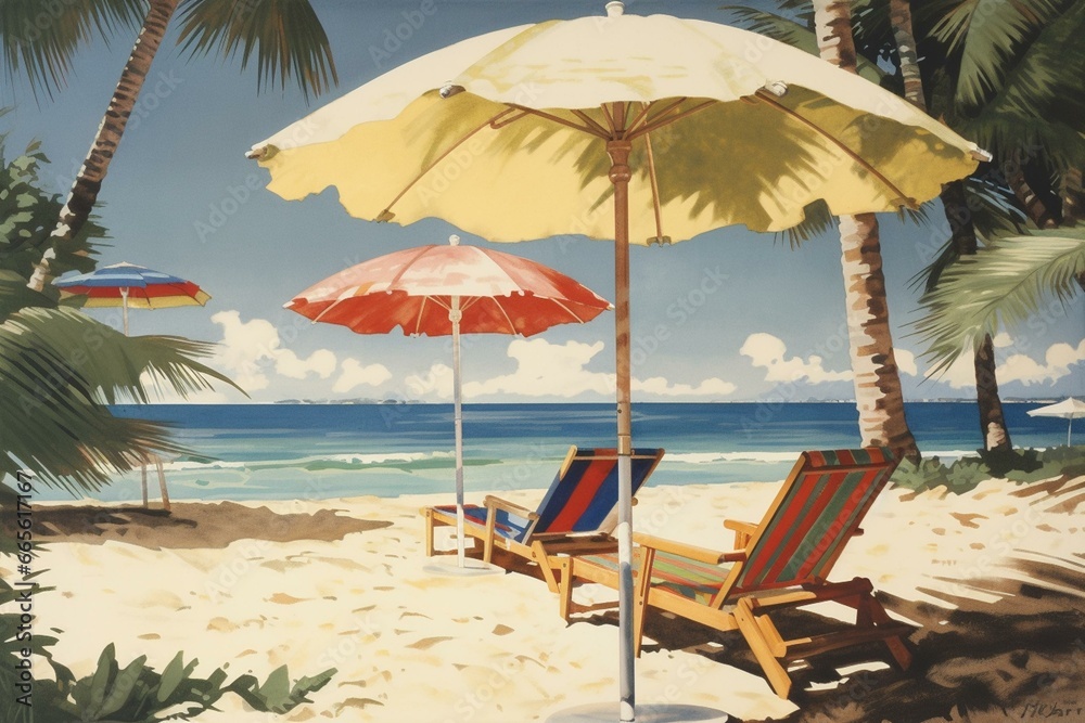 A beach scene with umbrella and chairs. Generative AI