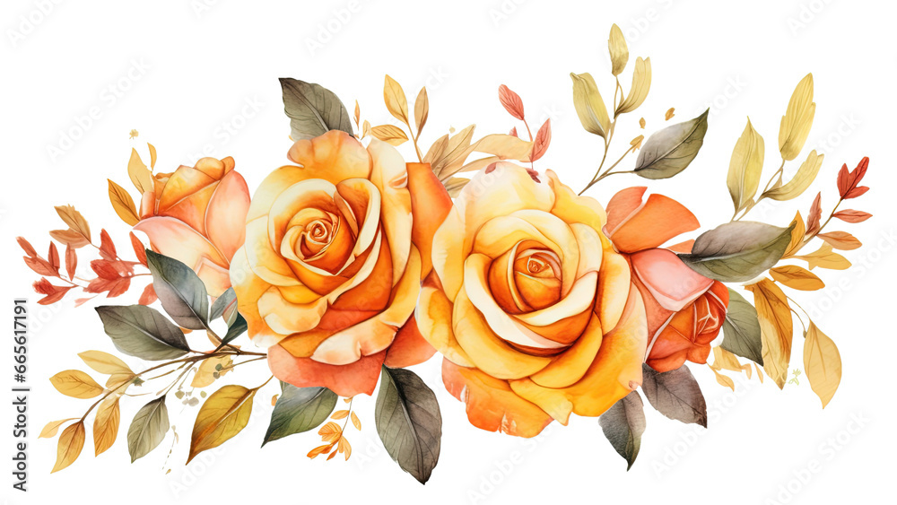 Watercolor Roses Vector Autumn Banner and Leaves Clip Art Illustration ...