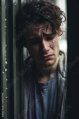 Depressed sad looking young man near a window. Dramatic concept for mental illness, depression, grief.