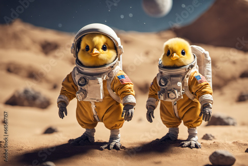 A little chick wearing an astronaut suit stands on the moon's surface photo