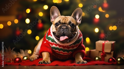 Cute French Bulldog wearing knitted Christmas sweater background. Funny dog puppy dressed up in warm costume in winter. Ugly Christmas Sweater Jumper Day concept. © Oksana Smyshliaeva