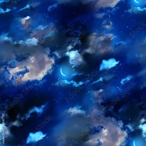 Deep blue color's sky and fluffy clouds background seamless pattern illustration