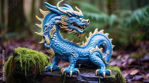 Blue wooden Chinese dragon statuette background. Navy Dragon's face of figurine. Happy Chinese new year 2024 Wallpaper concept.. © Oksana Smyshliaeva