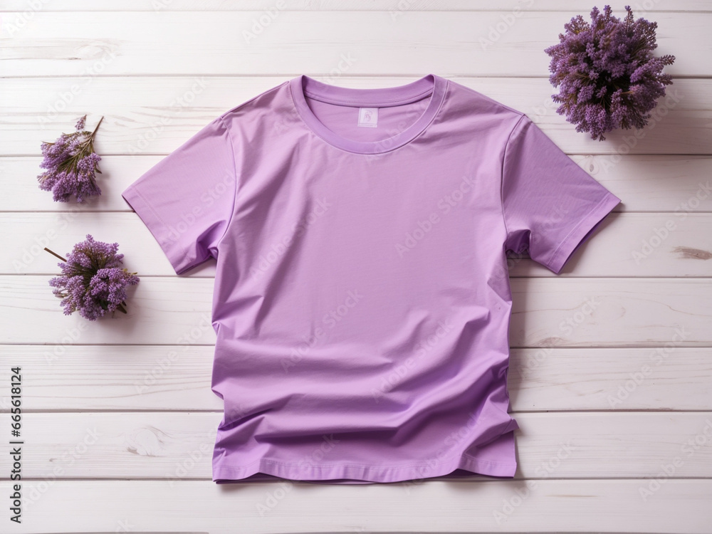 top view light purple t-shirt mockup over white wooden table background. Backdrop with copy space. Backdrop with copy space. Minimalist concept. - obrazy, fototapety, plakaty 