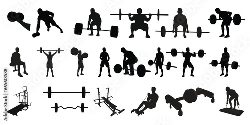 Gym Exercises silhouettes Vector Illustration. Bodybuilder and Gym Elements Silhouette Set.

