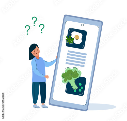 Mobile application for calorie counting. Idea of healthy nutrition and meal portion. Woman counting calories with smartphone app. Counting calories in food.