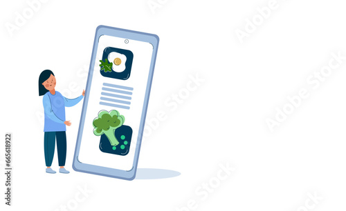 Mobile application for calorie counting. Idea of healthy nutrition and meal portion. Woman counting calories with smartphone app. Counting calories in food.
