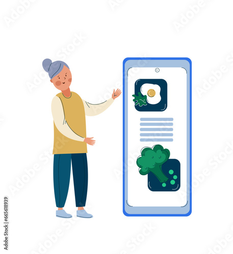 Senior Woman with proper foods for elderly. Healthy nutrition for old people , healthy aging. Mobile application for calorie counting. People counting calories with smartphone app. Counting calories 