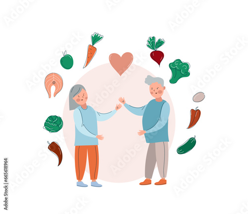 Senior couple with proper foods for elderly. Healthy nutrition for old people , healthy aging.  Counting calories in food.